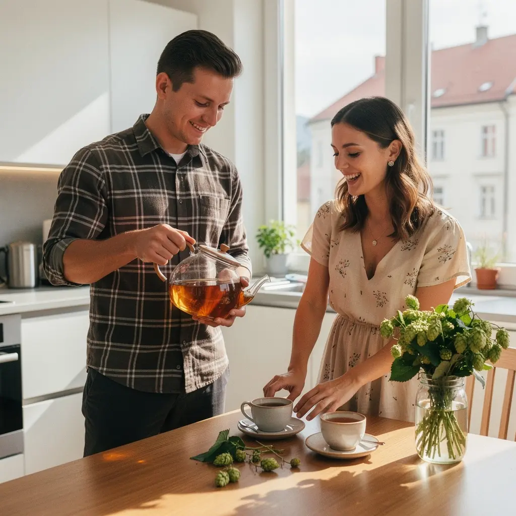 Ilustrácia chmeľových kvetov s popisom ich upokojujúcich vlastností.