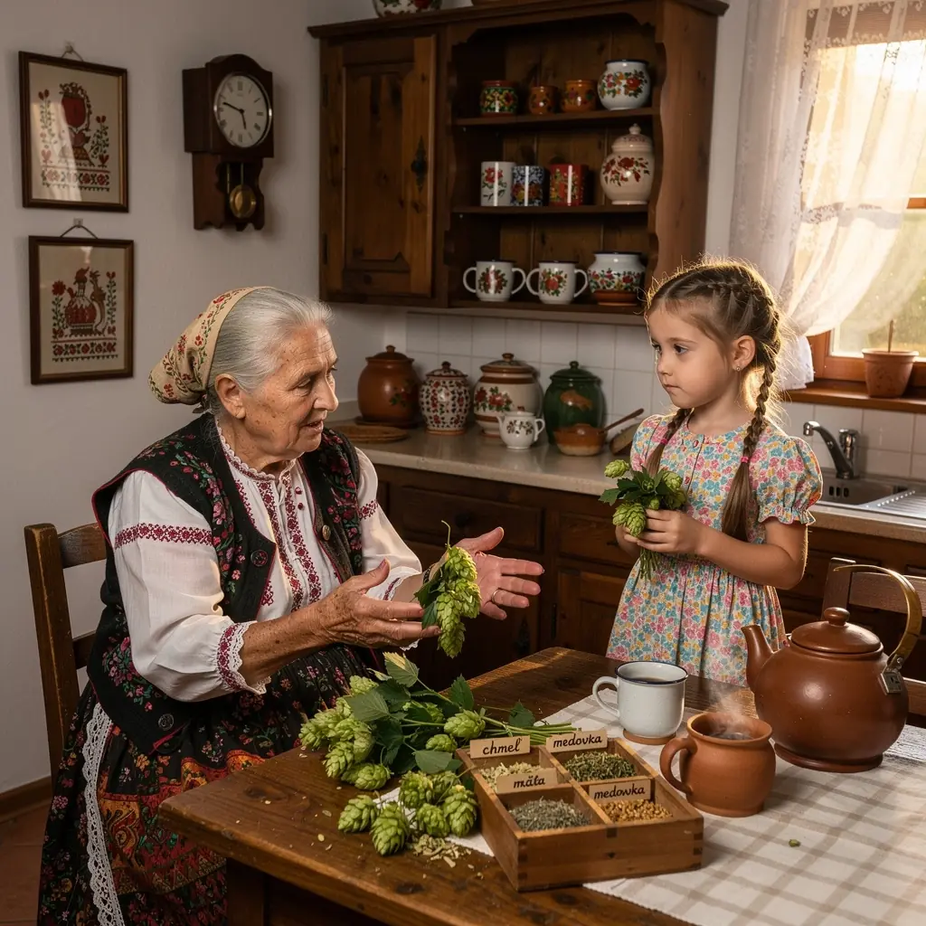 Čajový obrad s chmeľovým čajom a medom na stoloch.